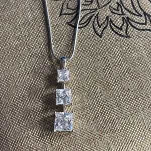 Diamonique Princess Cut Sterling Silver 3 Stone Necklace